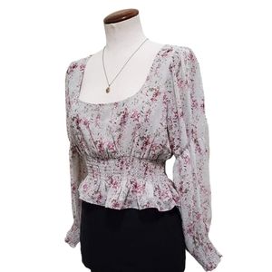 Lush Floral Print Smocked Waist Peasant Cropped Blouse Slate Mauve S
